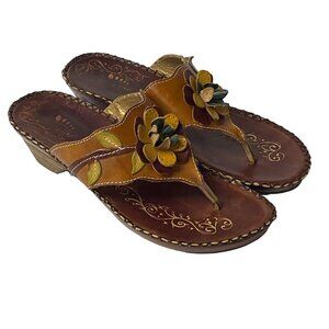 Spring Step Linda Leather Floral Slip On Thong Sandals Sz 40 (EU) Art to Wear